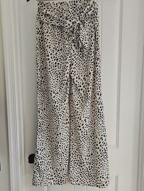 Tyche Cream Wide Leg Pants with Black Spot Print and Tie Waist, Size Medium